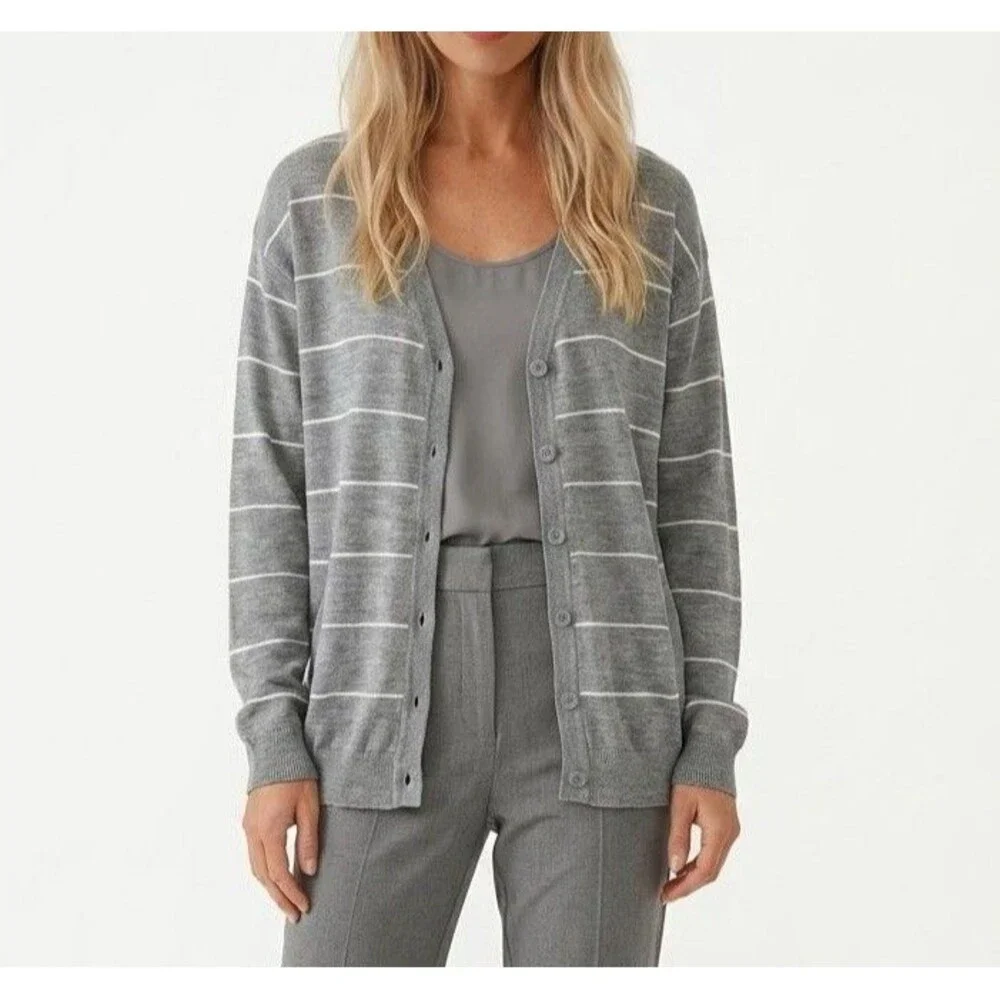 Women’s Sweater Cardigan 2XL Gray Stripe long sleeve V Neck